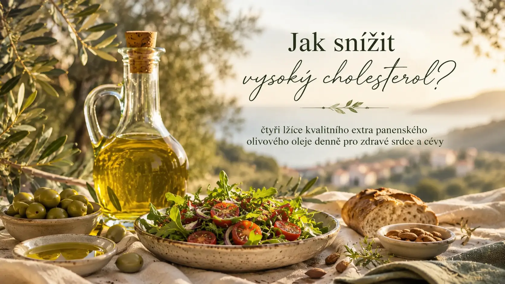 Extra panenský olivový olej se salátem jako součást zdravého jídelníčku při snaze snížit vysoký cholesterol.