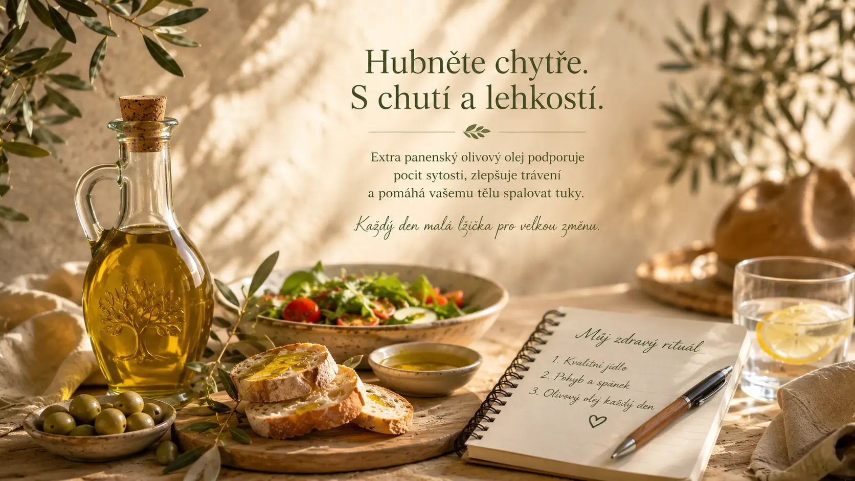 Extra panenský olivový olej, zdravé jídlo a olivy jako součást každodenního jídelníčku při hubnutí s olivovým olejem.